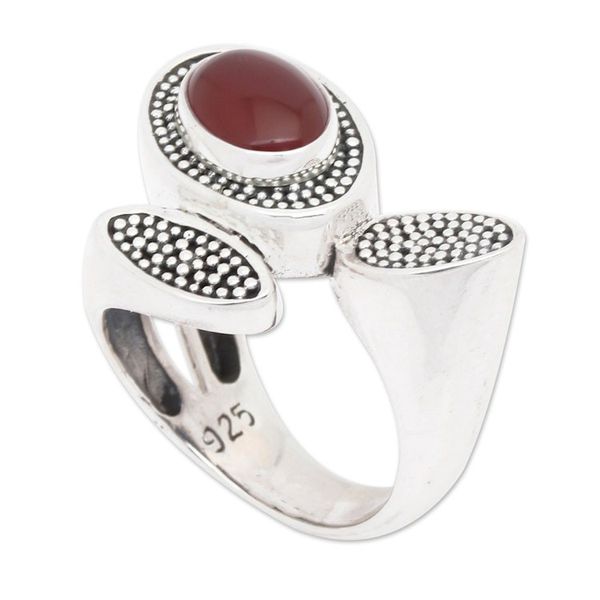Alternate image for Handcrafted Lotus Theme Sterling Silver and Carnelian Ring Red Lotus