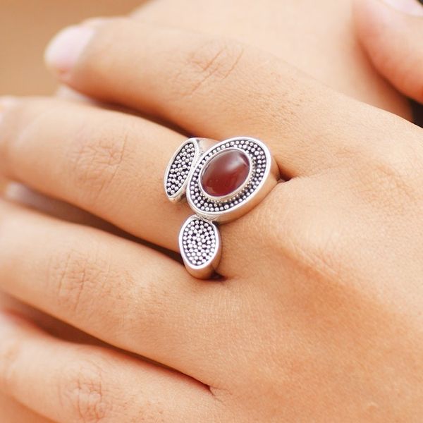 Alternate image for Handcrafted Lotus Theme Sterling Silver and Carnelian Ring Red Lotus