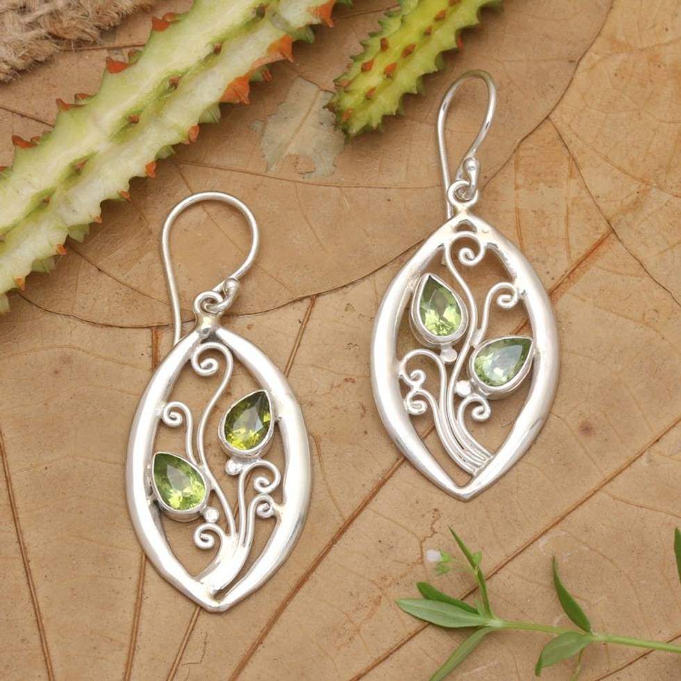 Artisan Crafted Sterling Silver Leaf Earrings with Peridot 'Paradise Leaves'
