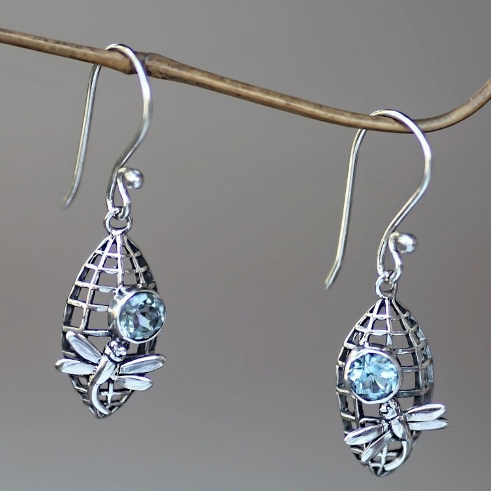 Dragonfly Theme Earrings Crafted from Sterling and Topaz 'Kintamani Dragonfly in Blue'