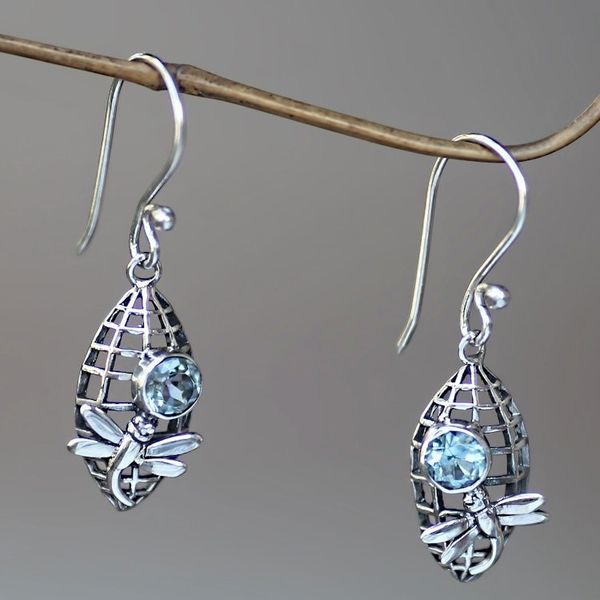 Alternate image for Dragonfly Theme Earrings Crafted from Sterling and Topaz Kintamani Dragonfly in Blue