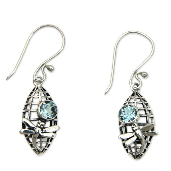 Alternate image for Dragonfly Theme Earrings Crafted from Sterling and Topaz Kintamani Dragonfly in Blue