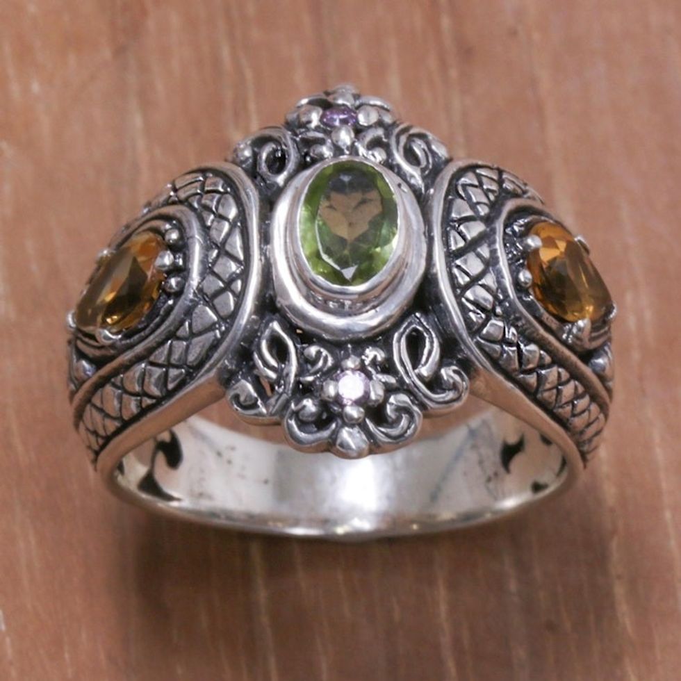 Peridot Citrine and Amethyst Sterling Silver Cocktail Ring 'Bali's Crown'