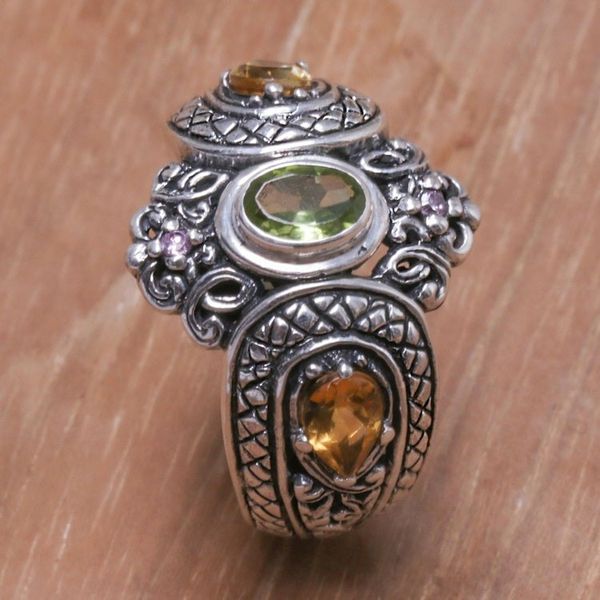 Alternate image for Peridot Citrine and Amethyst Sterling Silver Cocktail Ring Balis Crown
