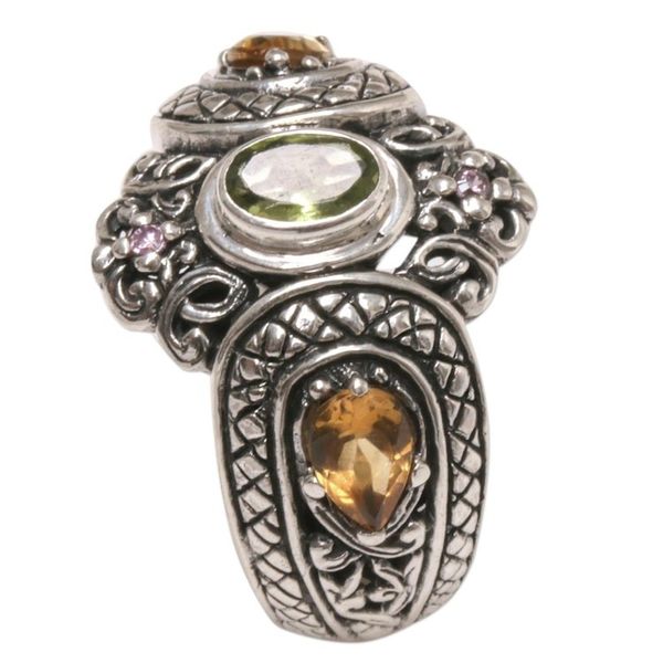 Alternate image for Peridot Citrine and Amethyst Sterling Silver Cocktail Ring Balis Crown