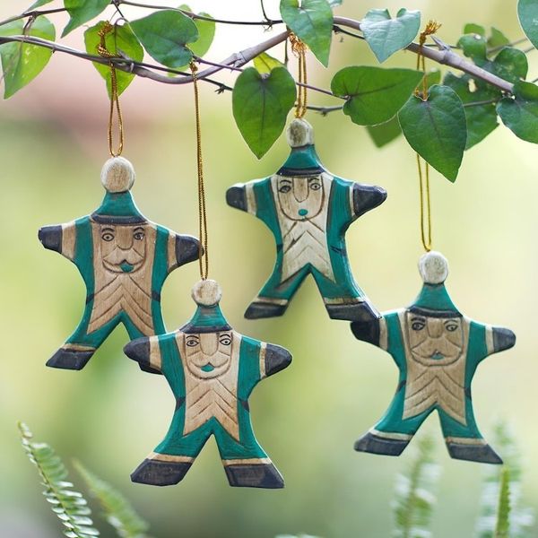 Alternate image for 4 Hand Carved Wood Christmas Ornaments with Santa Theme Happy Green Santa