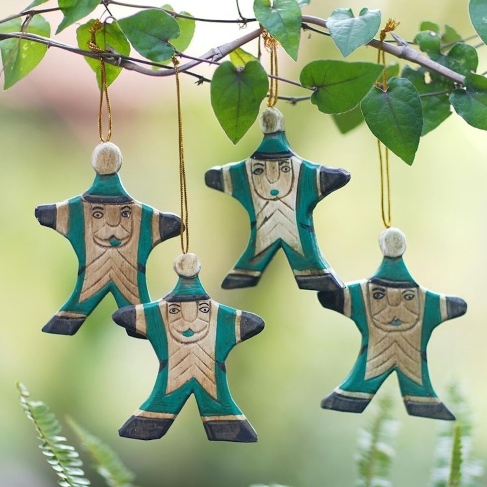 4 Hand Carved Wood Christmas Ornaments with Santa Theme 'Happy Green Santa'