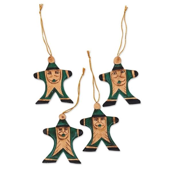 Alternate image for 4 Hand Carved Wood Christmas Ornaments with Santa Theme Happy Green Santa