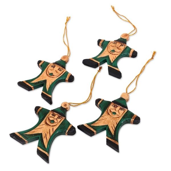 Alternate image for 4 Hand Carved Wood Christmas Ornaments with Santa Theme Happy Green Santa