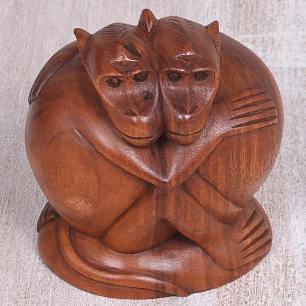 Hand Carved Sculpture of Two Monkeys from Indonesia 'Loving Monkeys'
