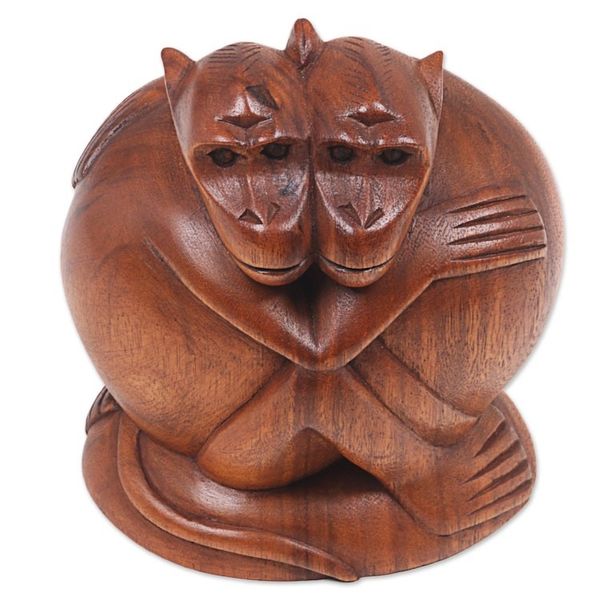 Alternate image for Hand Carved Sculpture of Two Monkeys from Indonesia Loving Monkeys