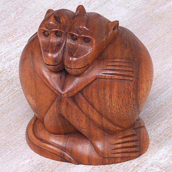 Alternate image for Hand Carved Sculpture of Two Monkeys from Indonesia Loving Monkeys