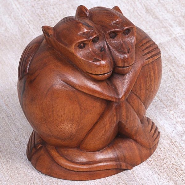 Alternate image for Hand Carved Sculpture of Two Monkeys from Indonesia Loving Monkeys
