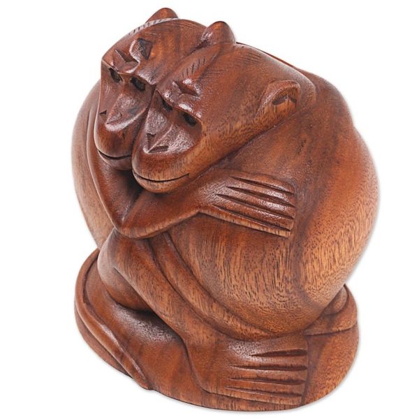 Alternate image for Hand Carved Sculpture of Two Monkeys from Indonesia Loving Monkeys