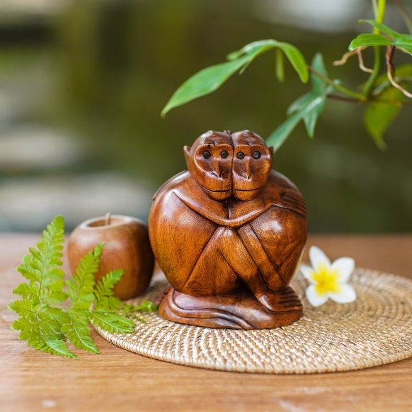 Alternate image for Hand Carved Sculpture of Two Monkeys from Indonesia Loving Monkeys
