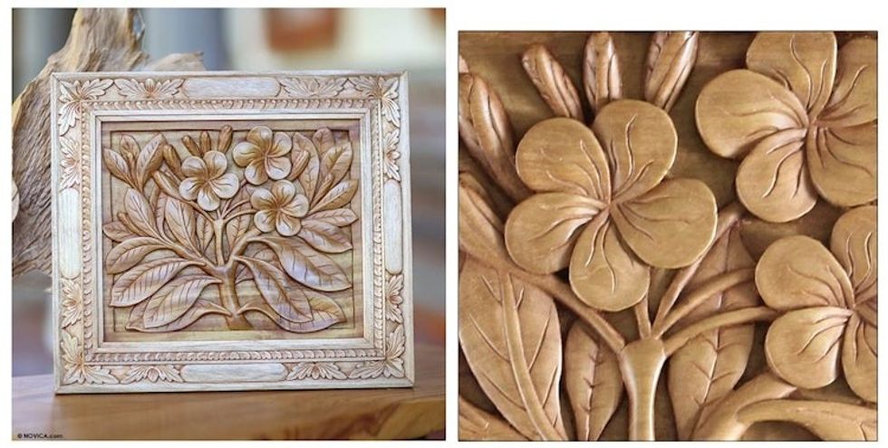 Wood relief panel 'Frangipani Flowers'