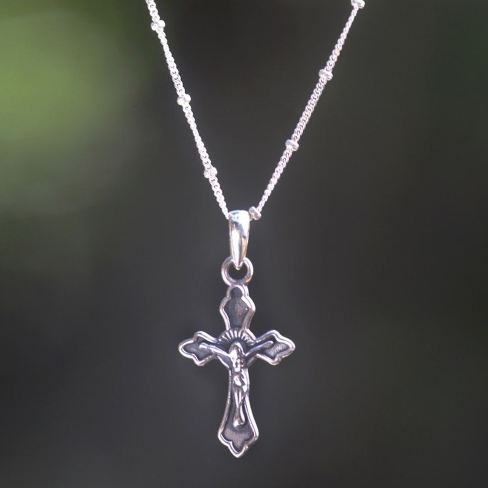 Highly Polished Sterling Silver Crucifix on Cuban Chain 'Christ on the Cross'