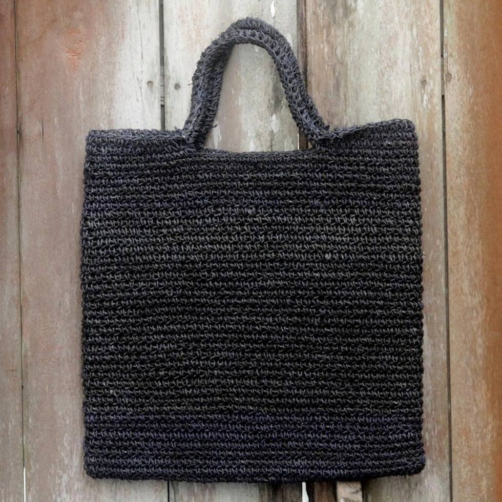 Handmade Woven Natural Fibers Grey Tote Bag from Indonesia 'Tropical Slice in Grey'
