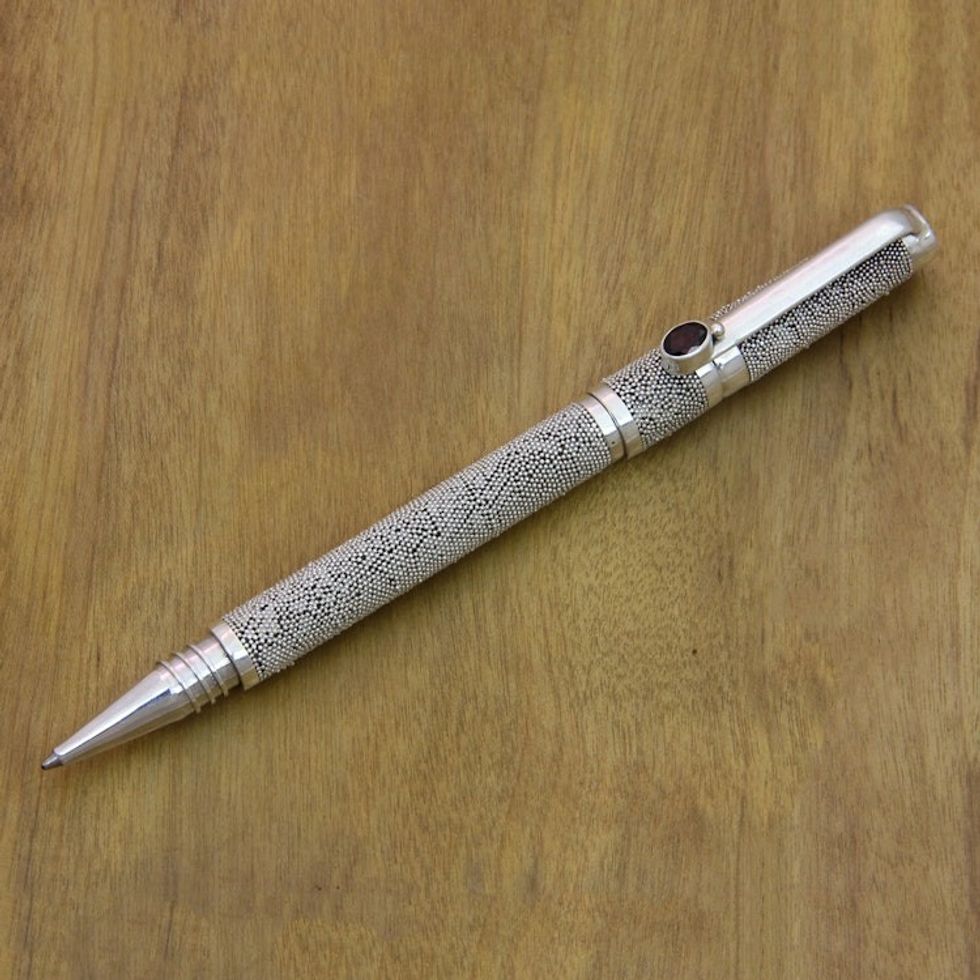 Handmade Sterling Silver 925 and Garnet Ballpoint Pen 'Sand and Sea'