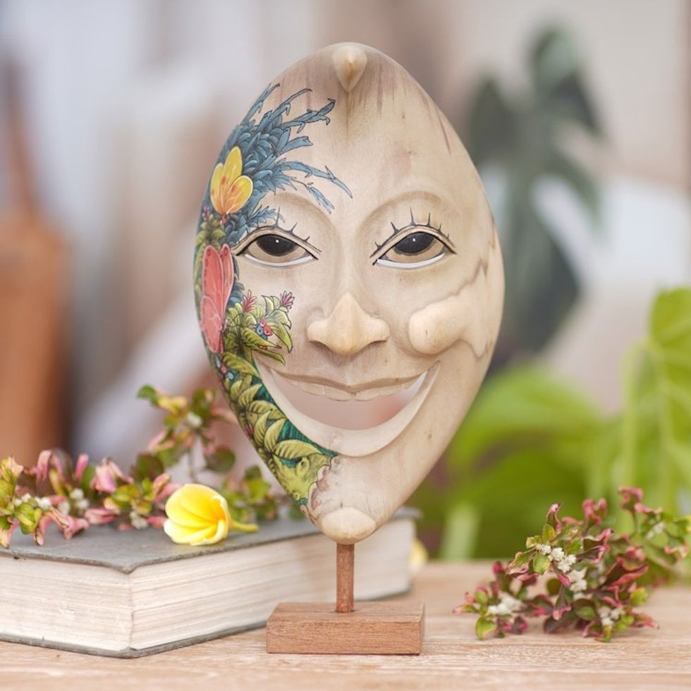 Artisan Crafted Hand Painted Moon Mask and Stand from Bali 'Smiling Moon Man'