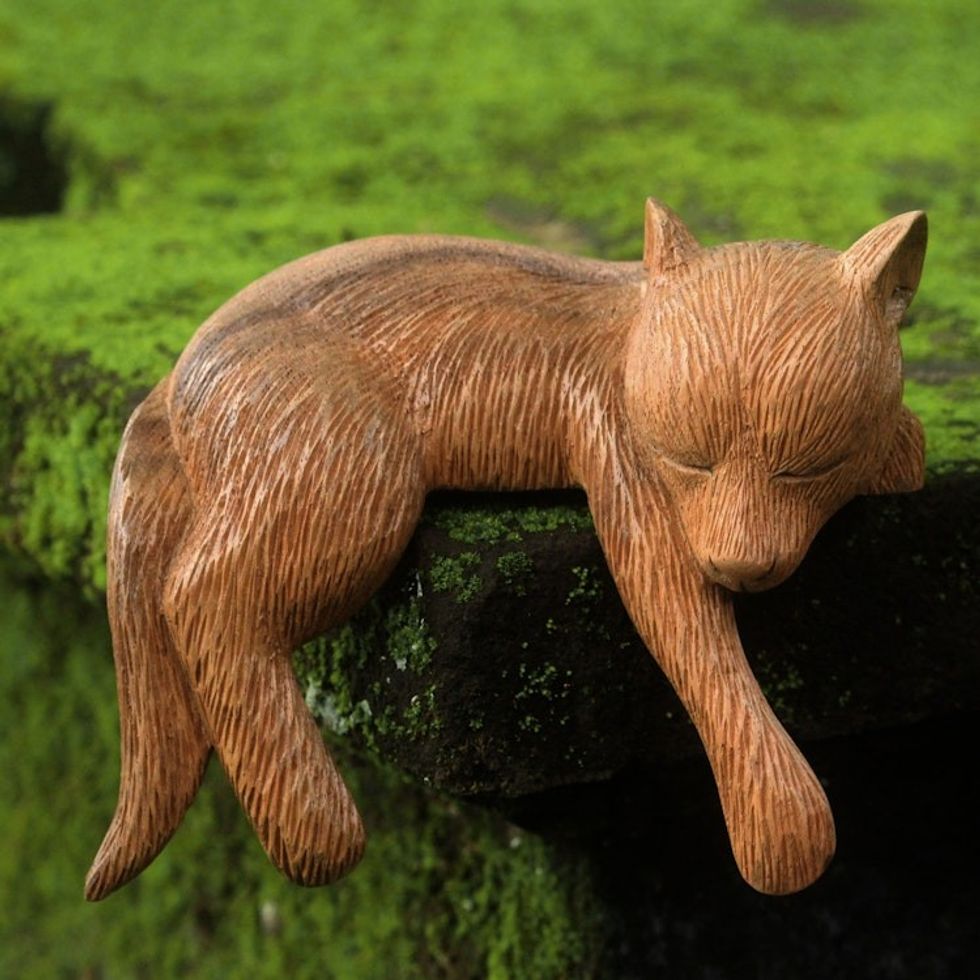 Hand Carved and Painted Sleeping Dog Sculpture in Wood 'Shaggy Kintamani Dog'