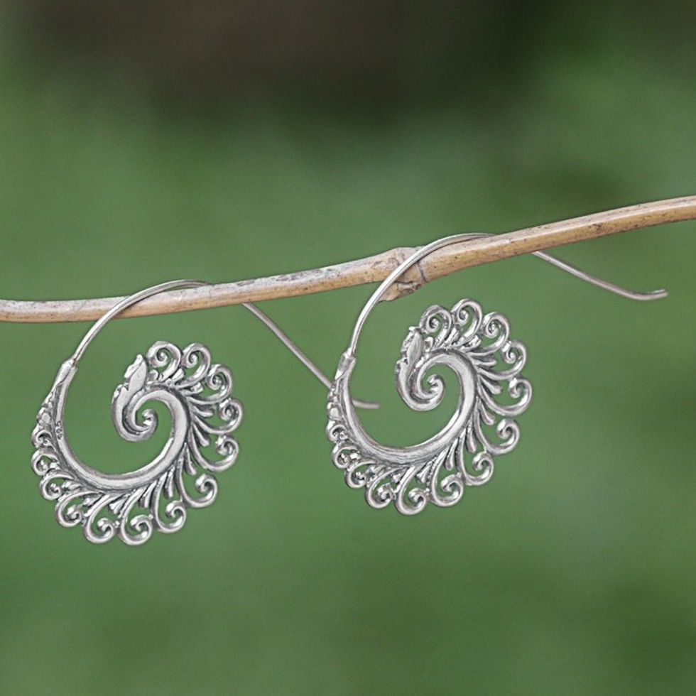 Hand Made Sterling Silver Spiral Drop Earrings Indonesia 'Peacock Lace'