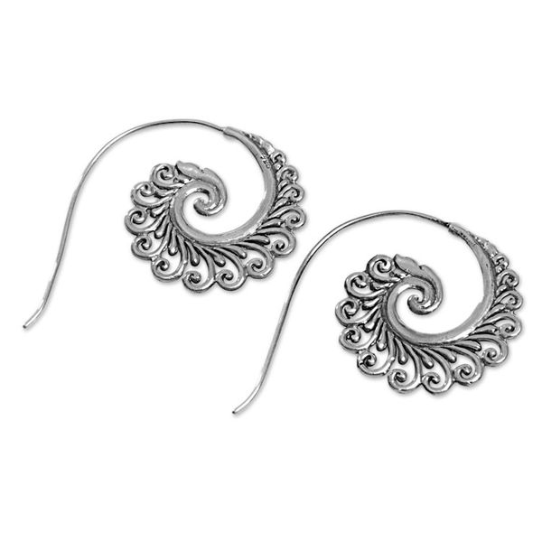 Alternate image for Hand Made Sterling Silver Spiral Drop Earrings Indonesia Peacock Lace