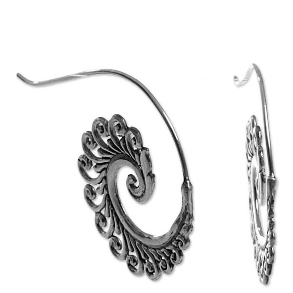 Alternate image for Hand Made Sterling Silver Spiral Drop Earrings Indonesia Peacock Lace