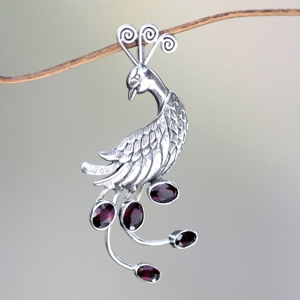 Silver Bird Brooch Pin-Pendant with Garnets 'Peahen in Love'