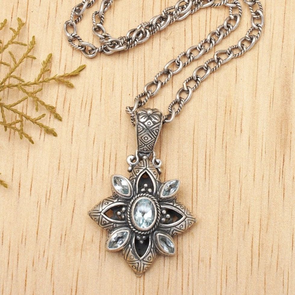 Floral Sterling Silver Necklace with Blue Topaz 2.5 cts 'Jasmine Shield'