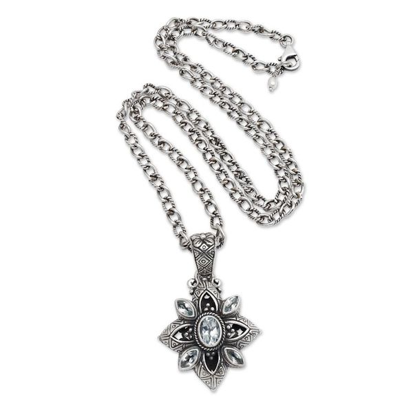 Alternate image for Floral Sterling Silver Necklace with Blue Topaz 2.5 cts Jasmine Shield