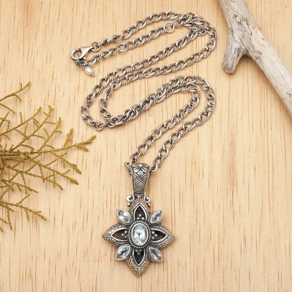 Alternate image for Floral Sterling Silver Necklace with Blue Topaz 2.5 cts Jasmine Shield