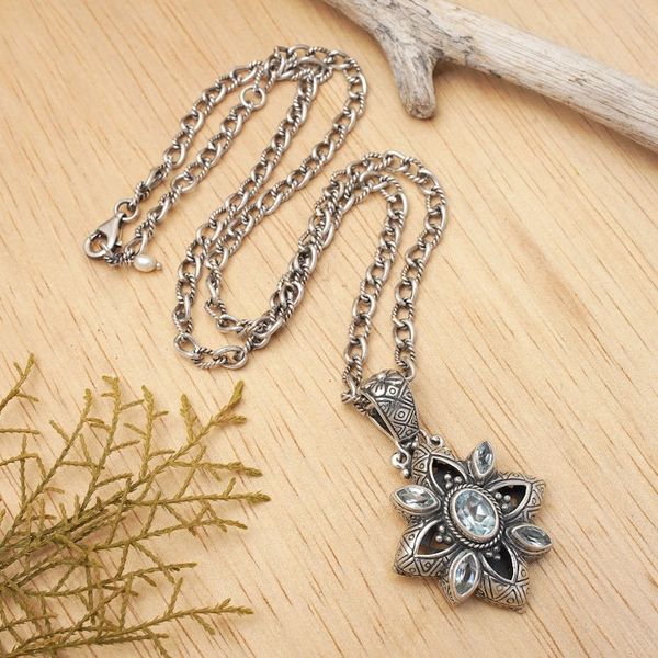 Alternate image for Floral Sterling Silver Necklace with Blue Topaz 2.5 cts Jasmine Shield