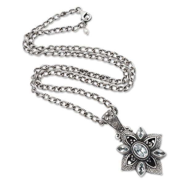 Alternate image for Floral Sterling Silver Necklace with Blue Topaz 2.5 cts Jasmine Shield