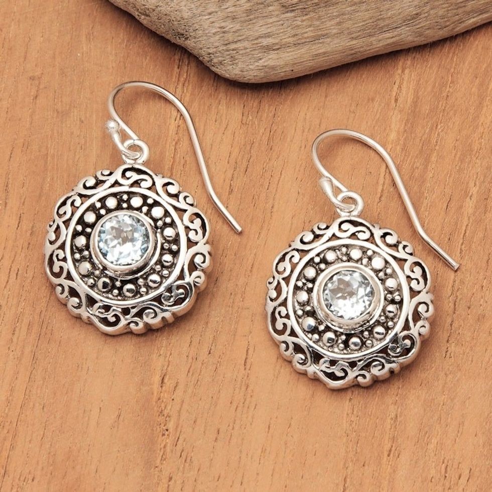 Artisan Crafted Balinese Blue Topaz and Silver Earrings 'Solar Flares'