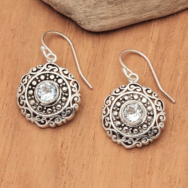 Alternate image for Artisan Crafted Balinese Blue Topaz and Silver Earrings Solar Flares