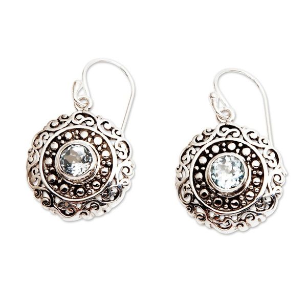 Alternate image for Artisan Crafted Balinese Blue Topaz and Silver Earrings Solar Flares