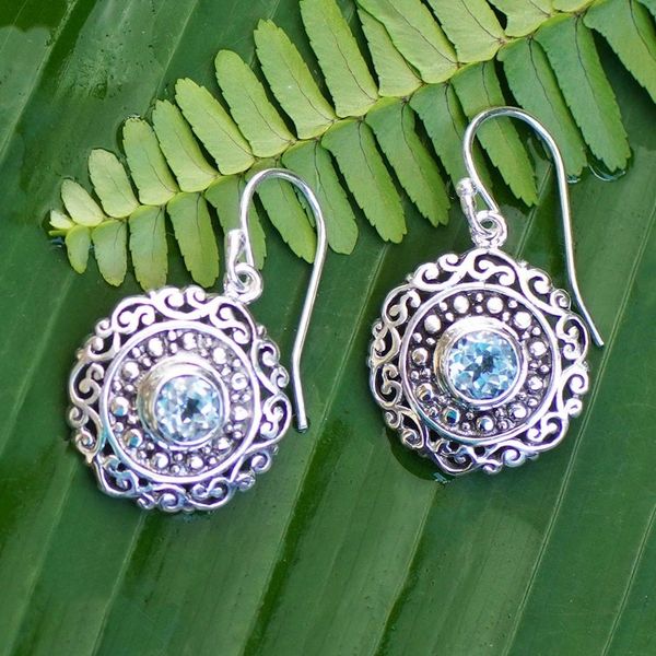 Alternate image for Artisan Crafted Balinese Blue Topaz and Silver Earrings Solar Flares