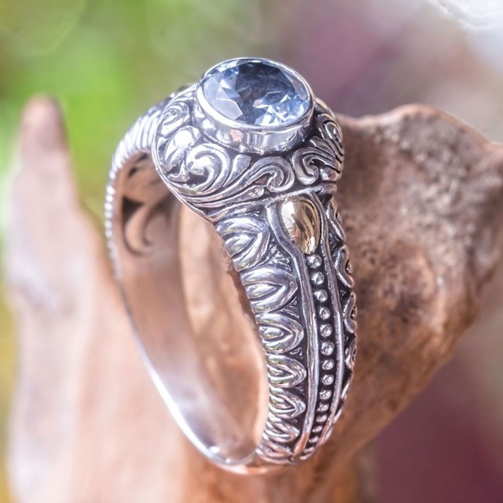 Blue Topaz Cocktail Ring with 18k Gold Accents 'Sky Treasure'