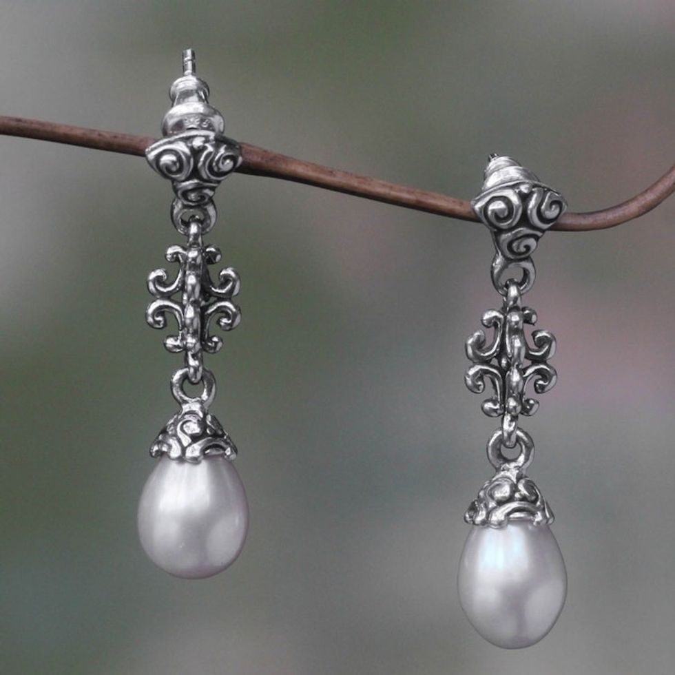 Unique Cultured Pearl and Silver Dangle Earrings 'Sacred Dance'