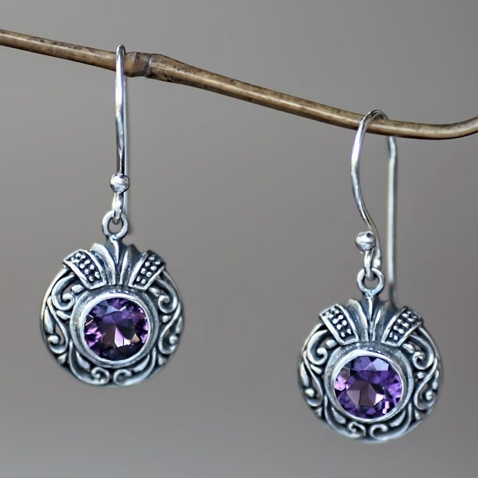 Round Silver and Amethyst Dangle Style Earrings 'Lilac Ladybug'