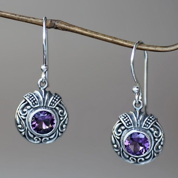 Alternate image for Round Silver and Amethyst Dangle Style Earrings Lilac Ladybug