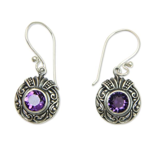 Alternate image for Round Silver and Amethyst Dangle Style Earrings Lilac Ladybug