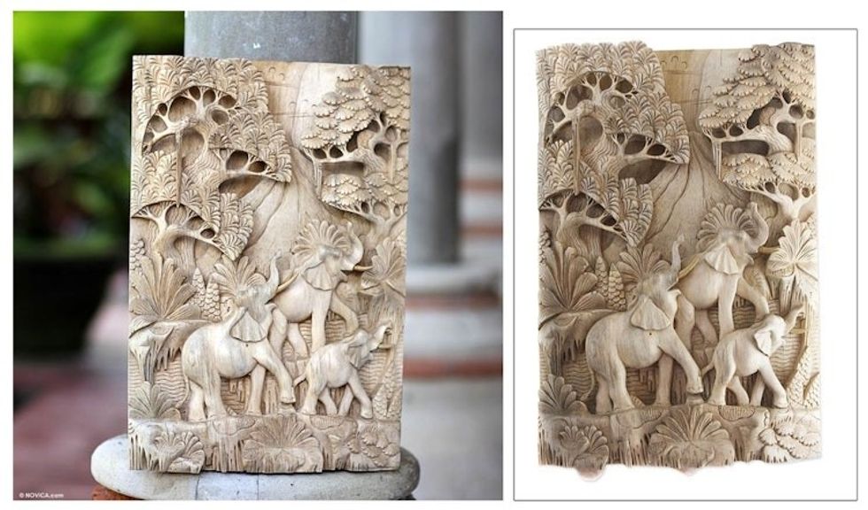 Wood relief panel 'Life of the Elephants'