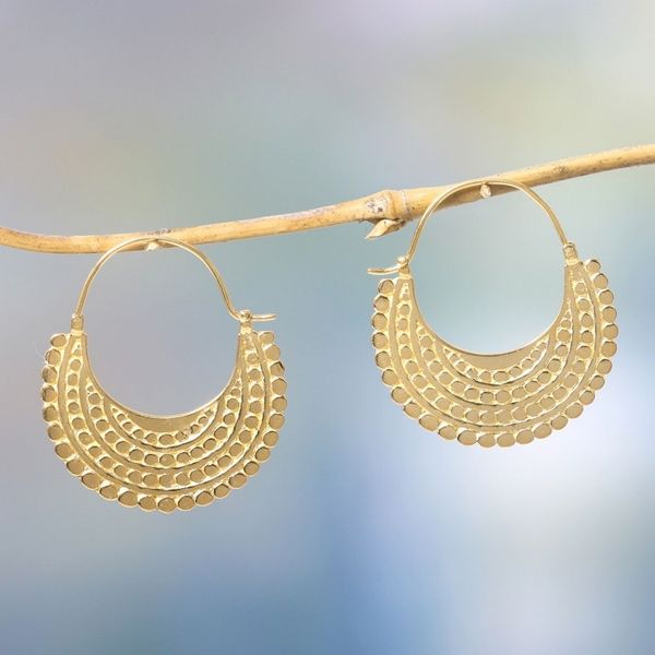 Alternate image for Artisan Crafted 22k Gold Plated Hoop Style Earrings Golden Crescent