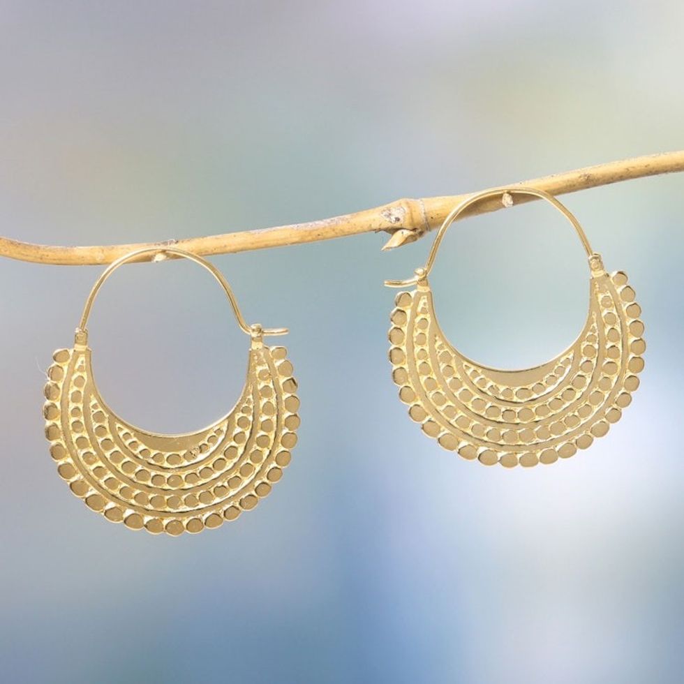Artisan Crafted 22k Gold Plated Hoop Style Earrings 'Golden Crescent'