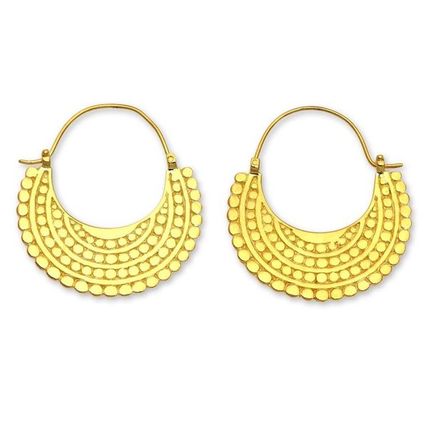 Alternate image for Artisan Crafted 22k Gold Plated Hoop Style Earrings Golden Crescent