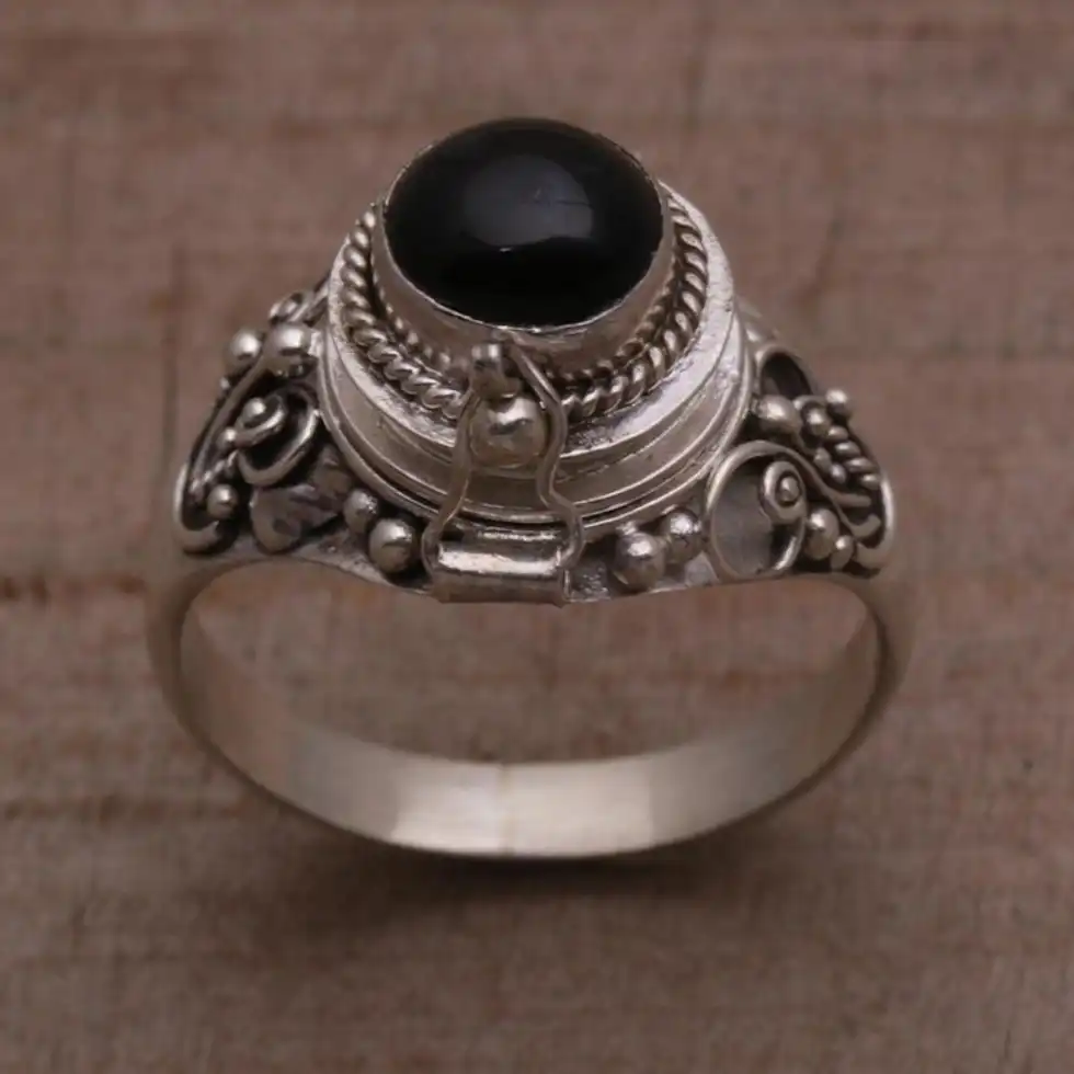 Onyx and 925 Sterling Silver Locket Ring from Bali 'Gerhana Shrine'
