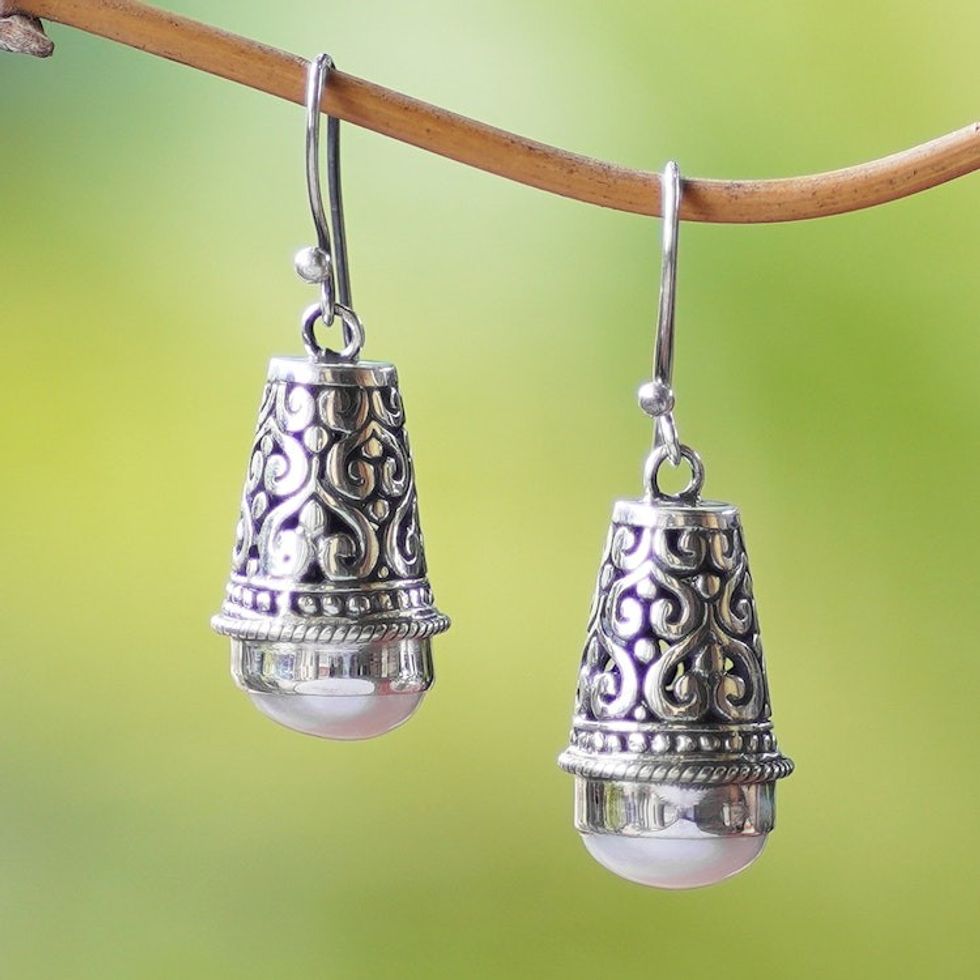 Hand Crafted Pearl and Sterling Silver Dangle Earrings 'Silvery Light'