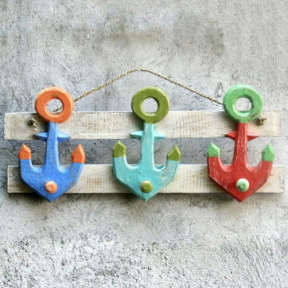 Artisan Crafted Nautical Theme Wooden Coat Rack from Bali 'Three Anchors'